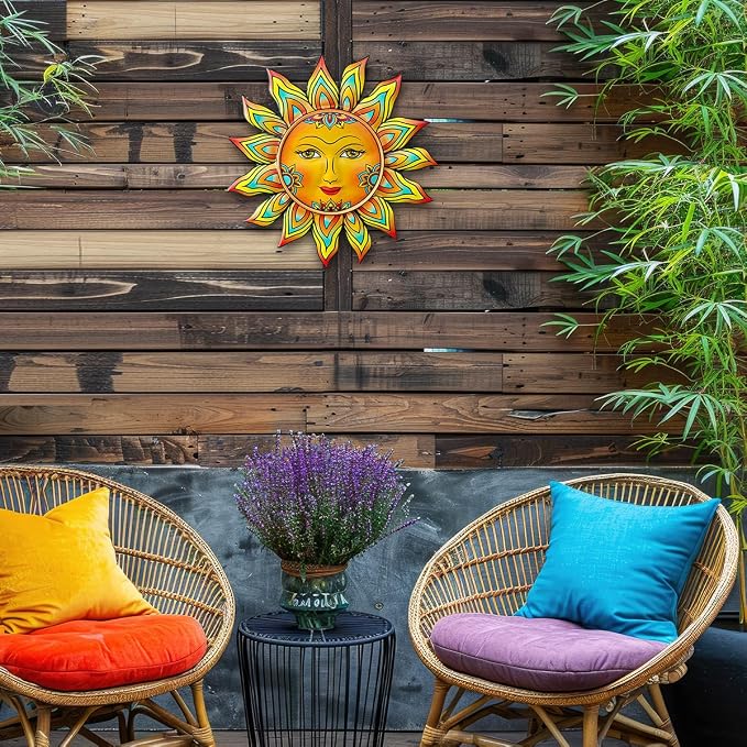 Metal Sun Flower Wall Decor - 12.87 inches Sun Wall Art Hanging Decorations for Outdoor, Home Garden Yard Patio Fence Bedroom Decor