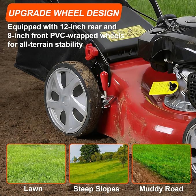 Lawn Mower Gas Powered, Gas Mower with 50l Grass Bag Big Wheels, 141cc 3-in-1 Cordless Gas Engine Mowers with 20" Blade, Self Propelled Walk-Behind Push Mower for Hills 2850RPM (Upgraded 01)
