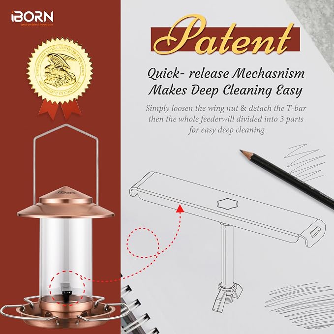 iBorn Bird Feeder Metal Chew-Proof Bird Feeders for Outdoors Hanging Outside for Cardinal, Holds 1.32LB Seed with 3 Perchs, Brushed Copper (Seed is not Included)
