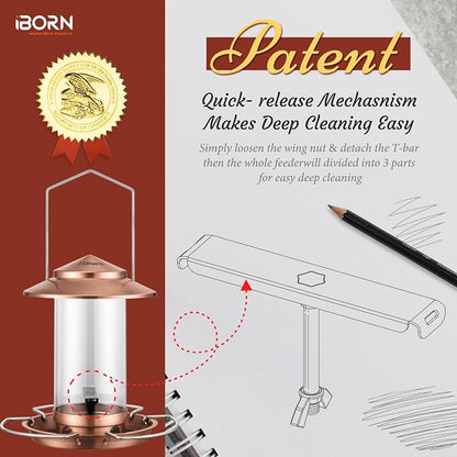 iBorn Bird Feeder Metal Chew-Proof Bird Feeders for Outdoors Hanging Outside for Cardinal, Holds 1.32LB Seed with 3 Perchs, Brushed Copper (Seed is not Included)
