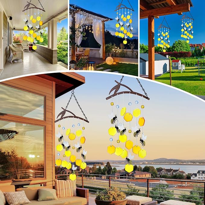 X-PREK 23" Bees Wind Chimes for Outside, Unique Stained Glass Wind Chimes Garden Decor, Windchimes Outdoors Suncatcher Gift for Women, Mom, Grandma, Unisex