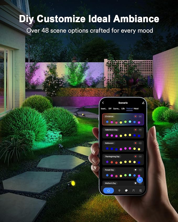 Lumary 6 Pack Smart Landscape Lights Gen2, 56FT Outdoor Spotlights | RGBAIWW color changing, warm white, IP65 outdoor rated, app/Alexa/Google/remote control, 56FT cable for yard & pathway