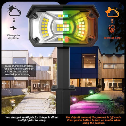 LEREKAM Color Solar Light Outdoor Waterproof Spotlights with 9 Light Modes, Color Changing Solar Outdoor Light for Halloween Decorations, Colored Spot Lights Auto On,Off, RGBW