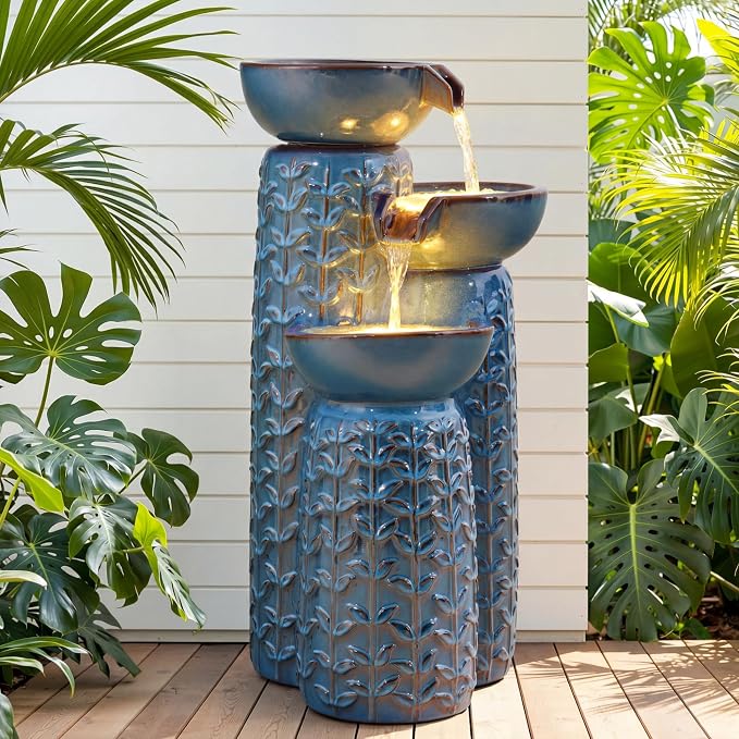 28" H Ceramic Outdoor Water Fountain with LED Lights, 3-Tier Cascading Bowls Water Feature, Tranquil Waterfall for Relaxing Garden, Patio, Yard, or Porch, Turquoise, Embossed Leaf Patterns