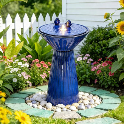 AUTODAYA 28" Ceramic Outdoor Water Fountain LED Birdbath, Cobalt Blue | reactive glaze finish, bird accents, patio garden porch Backyard