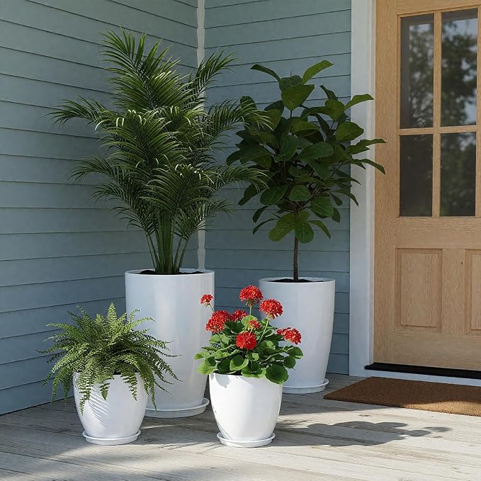 ZMTECH 24/21/12/10" H Large Plastic Planters with Drainage Hole and Saucer -Set of 4 Tall Plant Pots for Indoor & Outdoor Use,White Glossy Smooth Lightweight Flower Pot for Front Porch Patio Deck