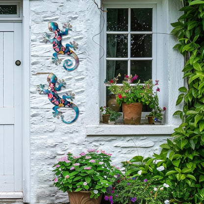 Metal Gecko Outdoor Decor -2 Pack 11.8 inch Metal Lizard Wall Hanging Sculpture Decoration for Indoor or Outdoor, Garden Yard Fence Porch Wall Decor, Gift for Mom Dad Friends (Blue)
