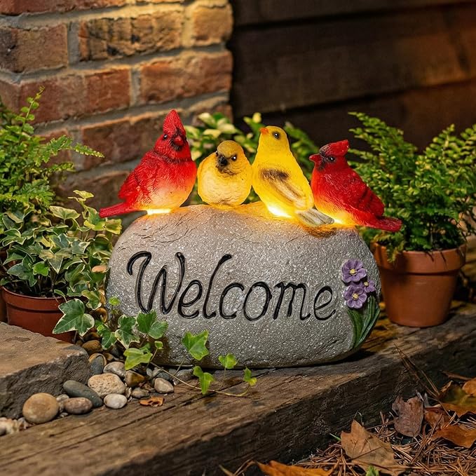 Solar Garden Statues Outdoor Decor, Welcome Sign Garden Sculptures Statue Novelty Birds Figurine Decoration for Patio Yard Porch Art Home Decor or Gifts for Mom Grandma