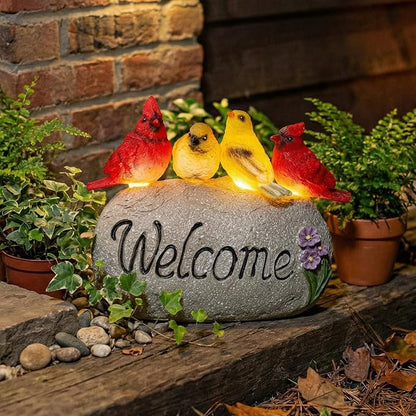 Solar Garden Statues Outdoor Decor, Welcome Sign Garden Sculptures Statue Novelty Birds Figurine Decoration for Patio Yard Porch Art Home Decor or Gifts for Mom Grandma