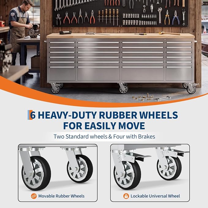 GarveeTech 96-Inch Heavy-Duty Rolling Tool Chest & Mobile Workbench, 24 Drawers, Rubber Wood Tabletop, Key Locking System, Drawer Liners, 6 Wheels, Steel Storage Cabinet for Garage