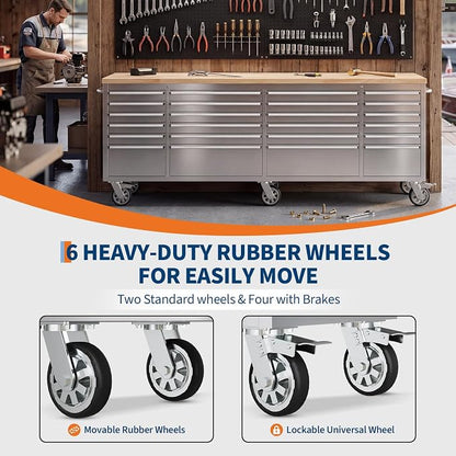 GarveeTech 96-Inch Heavy-Duty Rolling Tool Chest & Mobile Workbench, 24 Drawers, Rubber Wood Tabletop, Key Locking System, Drawer Liners, 6 Wheels, Steel Storage Cabinet for Garage