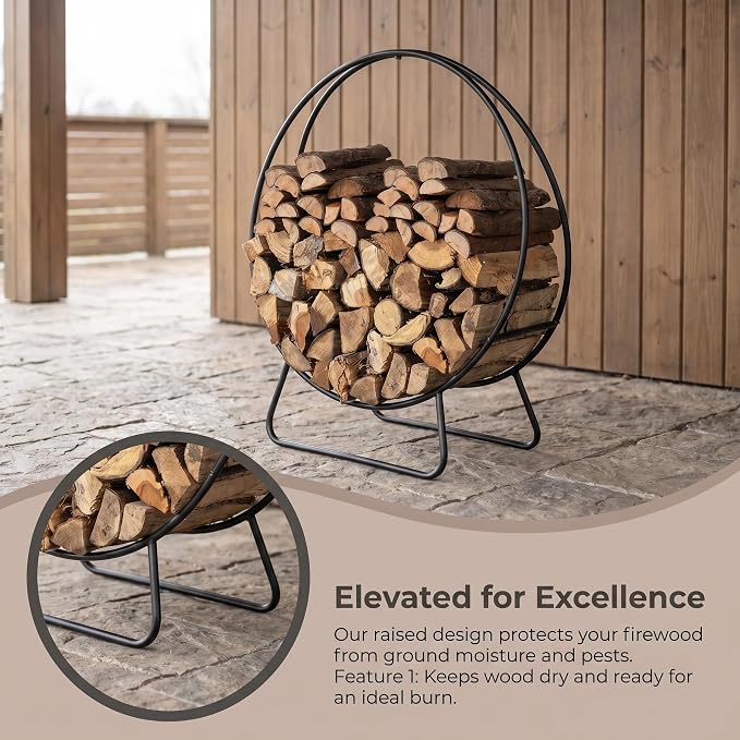 Firewood Rack Outdoor, 24 Inch Round Firewood Storage Log Rack with Arrow Style, Wood Rack for Indoor Fireplace & Balcony (Black)
