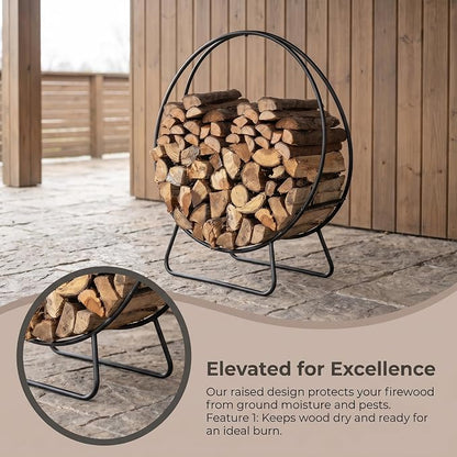 Firewood Rack Outdoor, 24 Inch Round Firewood Storage Log Rack with Arrow Style, Wood Rack for Indoor Fireplace & Balcony (Black)
