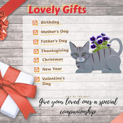 Blue Cat Planter,Cute Cat Flower Pot,Gifts for Pet Lovers,Unique Animal Plant Pots,Office,Indoor Outdoor Garden Decor（12.5 * 5.6 * 7.8in）