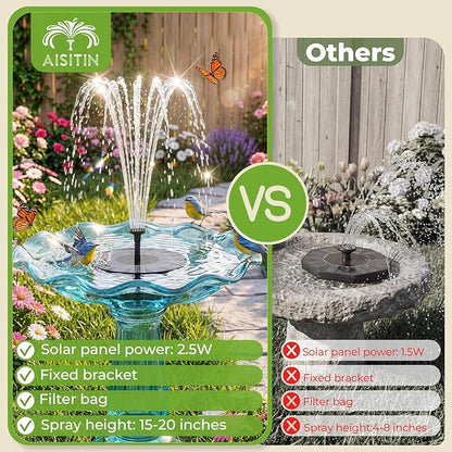 AISITIN Solar Fountain Pump 2.5W, 6.7" Solar Powered Water Fountain Pump for Bird Bath, solar pump for fountain with 6 Nozzles for Garden, Ponds, Pool, Fish Tank, Outdoor and Aquarium