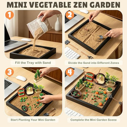 Dreamon Zen Garden for Desk, Mini Veggie Zen Sand Garden for Sandbox with Vegetable, Plants and Gardening Tools, Sand Tray Therapy Kit with 56 Accessories, Fidget Stress Relief Toys Novelty Gift Idea