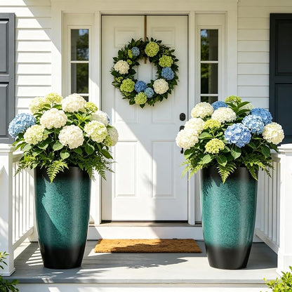 Autodaya 23.8" Tall Outdoor Planters Set of 2 Flower Pot for Outdoor Plants | Faux Ceramic Large Planters with Drainage Hole, Gradient Turquoise Glaze, Weather-Resistant for Garden Patio Porch Home Decor