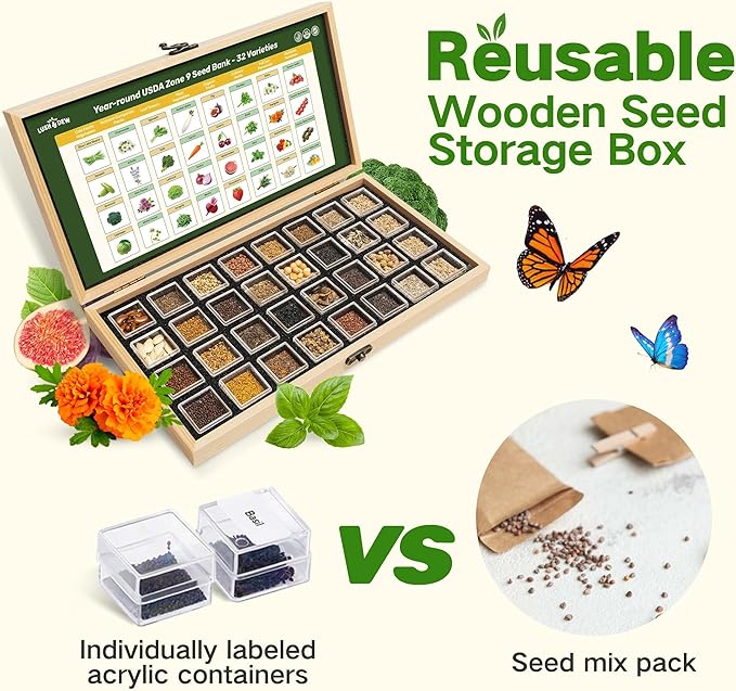 Lush&Dew Zone 9 Seed Bank, Gardening Gifts for Women Men, 32 Type USA Seeds | Non-GMO Heirloom Seeds for Planting Vegetables Herbs Fruits, Gift for Mom Dad, Survival Seed Kit for Raised Garden Beds