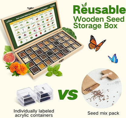 Lush&Dew Zone 9 Seed Bank, Gardening Gifts for Women Men, 32 Type USA Seeds | Non-GMO Heirloom Seeds for Planting Vegetables Herbs Fruits, Gift for Mom Dad, Survival Seed Kit for Raised Garden Beds