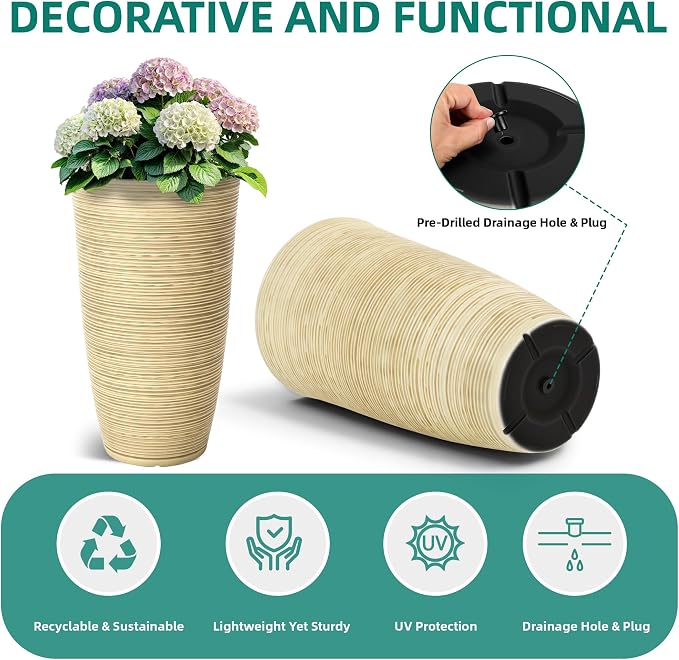 23.5" Ivory Speckled Tall Planters Set of 2 with Drainage Holes | Large Tapered PP Plastic Pots With Vertical Stripe Texture For Indoor and Outdoor Plants, Patio, Garden, Porch, or Entryway