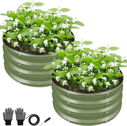 ZXZYHFTY Raised Garden Bed, 0.6 mm Galvanized Steel Round Planter Box with Open Bottom, Metal Raised Garden Bed for Vegetables Flowers Herbs Mailbox Planter Accent, 2 x 2 x 1 FT, 2 Pack Green