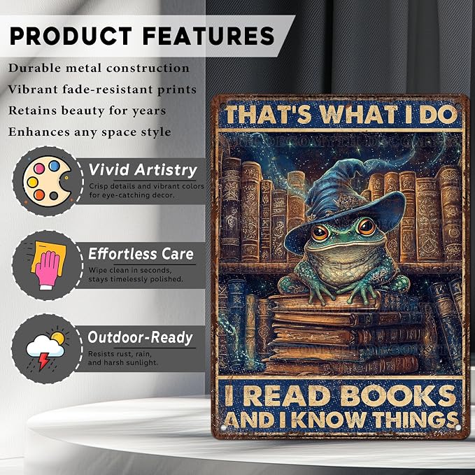 Vintage Frog Tin Sign That's What I Do IRead Books And Know Things Retro Metal Poster Magic Funny Frog Wall Art Cafe Office Home Bar Plub Club Toilet Classroom Rustic Metal Sign 12 * 16inch