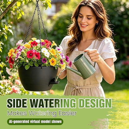 8 Inch Self Watering Hanging Planters Set of 3 with Saucers | Set of 3 8-inch self-watering hanging planters with side-fill watering ports, chain hangers & snap-on saucers
