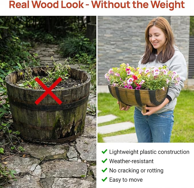 Gardenised 2-Piece Rectangular Half Barrel Flower Pots Rustic Farmhouse Style Faux Wood Planter Containers for Indoor & Outdoor Use Perfect for Displaying Decorative Garden Florals Herbs & Succulents