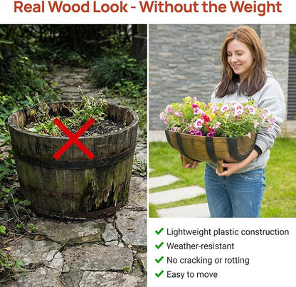 Gardenised 2-Piece Rectangular Half Barrel Flower Pots Rustic Farmhouse Style Faux Wood Planter Containers for Indoor & Outdoor Use Perfect for Displaying Decorative Garden Florals Herbs & Succulents