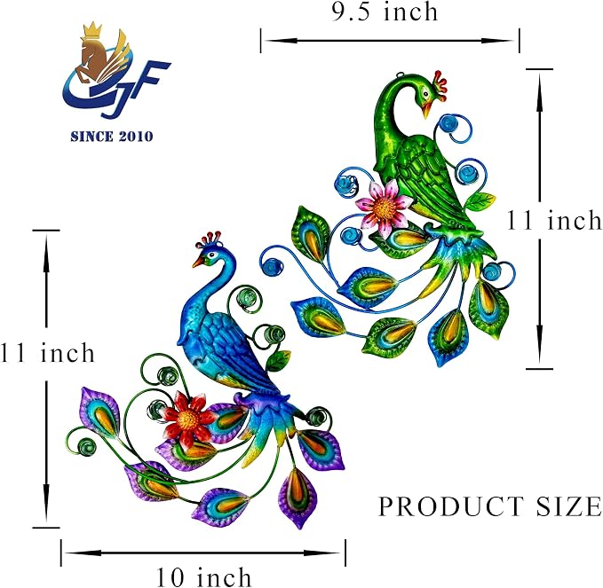 J-Fly Metal Peacock Wall Art Decor, Tropical Peacock Metal Outdoor Wall Decoration, 11 Inch Bird Lover Sculptures Indoor Decorative, Gift Selection for Patio Fence Garden Home Kitchen Valentine Decoration Gifts
