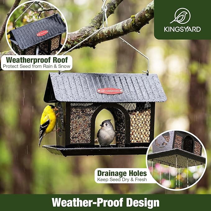 Kingsyard Wild Bird Feeder for Outdoors Hanging, All Metal | Dual-Use Mesh with 360° Feeding, Weatherproof Roof, 3 lb Seed Capacity, Garden Decor & Birding Gift, Black