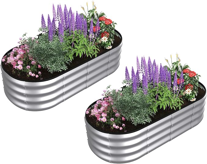 4x2x1 ft Oval Galvanized Metal Raised Garden Beds, Thickened Rust-Proof Flower Beds, Outdoor Plant Planter Boxes(Silver, 2PCS)