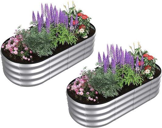 4x2x1 ft Oval Galvanized Metal Raised Garden Beds, Thickened Rust-Proof Flower Beds, Outdoor Plant Planter Boxes(Silver, 2PCS)