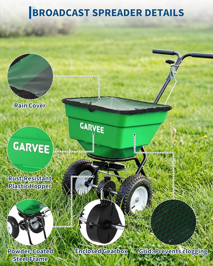 100LBS Push Broadcast Spreader, 12FT Spreading Width, 13 in All-Terrain Wheels, Adjustable Flow Control, Heavy Duty Walk Behind Lawn Spreader for Fertilizer, Grass Seed, Ice Melt, Salt