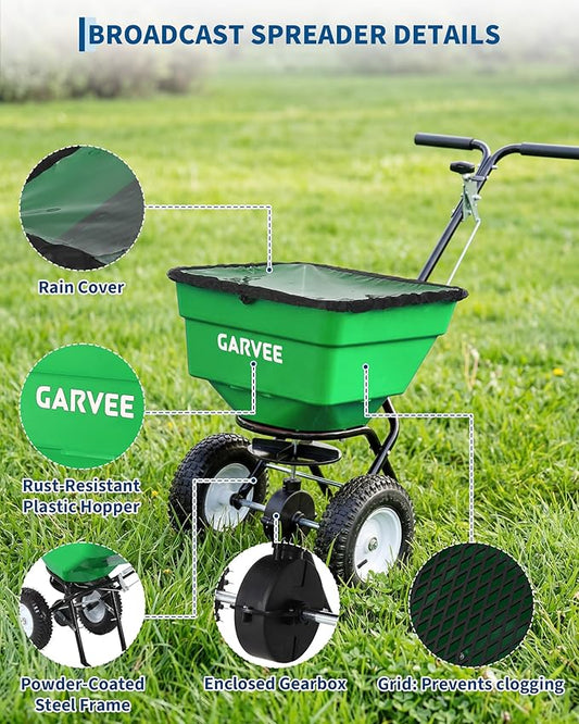 100LBS Push Broadcast Spreader, 12FT Spreading Width, 13 in All-Terrain Wheels, Adjustable Flow Control, Heavy Duty Walk Behind Lawn Spreader for Fertilizer, Grass Seed, Ice Melt, Salt