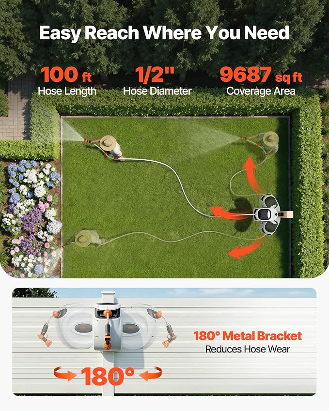 VEVOR Retractable Hose Reel, 100 ft x 1/2 inch, 180° Swivel Bracket Wall-Mounted, Garden Water Hose Reel with 9-Pattern Nozzle, Automatic Rewind, Lock at Any Length, and Slow Return System