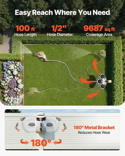 VEVOR Retractable Hose Reel, 100 ft x 1/2 inch, 180° Swivel Bracket Wall-Mounted, Garden Water Hose Reel with 9-Pattern Nozzle, Automatic Rewind, Lock at Any Length, and Slow Return System