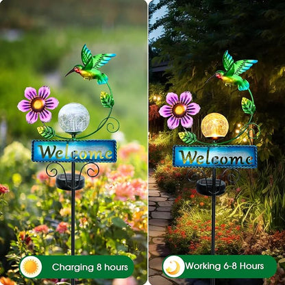 Hummingbird Garden Decorations for Outside, Solar Waterproof Stake Lights with Welcome Sign for Yard Lawn Patio Pathway, Warm Gifts for Mom Grandma Housewarming (Hummingbird)