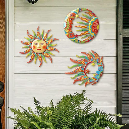 VividLadybug Sun Moon Sun Face Metal Wall Sculpture Set of 3, Indoor Outdoor Garden Fence Decor