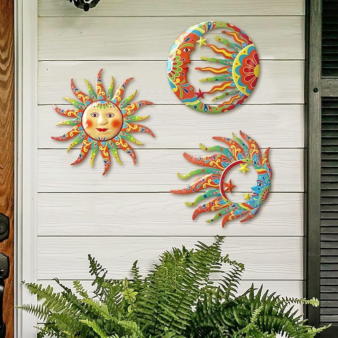 Limygus Vivid Sun Moon Sun Face Metal Wall Sculpture Set of 3, Indoor Outdoor Garden Fence Decor