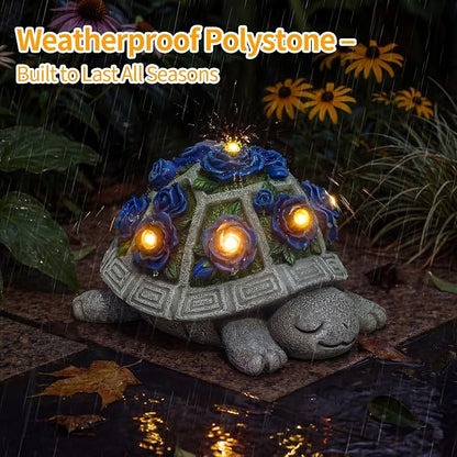 Solar Garden Outdoor Decor Turtle Statue with Dark Blue Roses & 7 LED Lights – Outside Tortoise Decor for Yard Patio Balcony & Backyard - Home House Decoration Art- Gift for Women Mom & Grandma