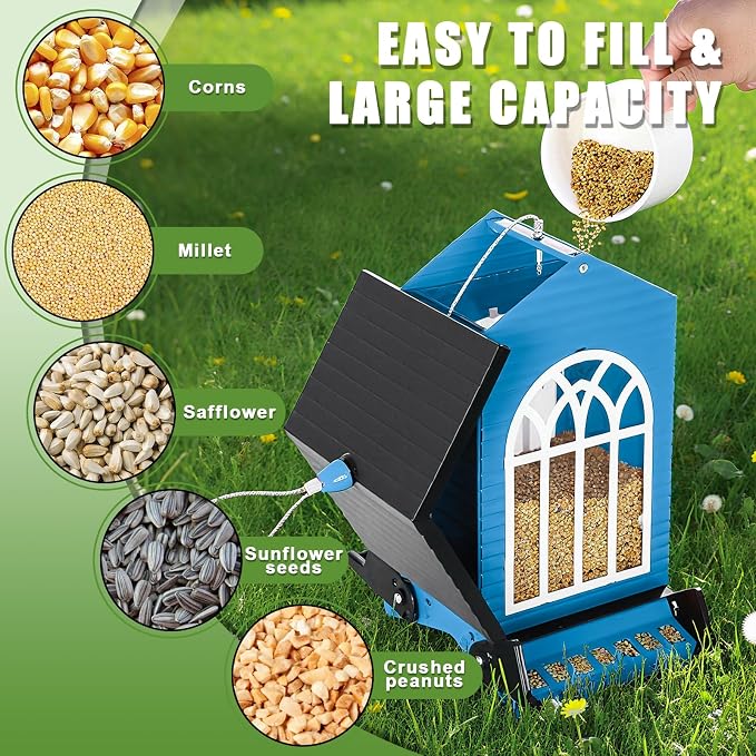 Gbekery Squirrel Proof Bird Feeder for Outdoors,5LB Large Capacity,Metal Wild Bird Seed Feeder with Bilateral Weight-Activated Perches for Outside Hanging,Garden Decoration,Blue
