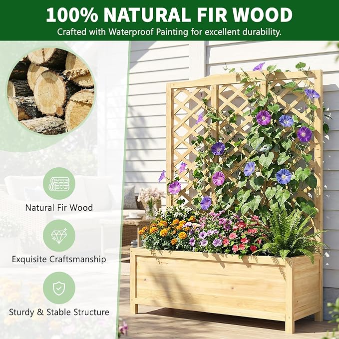 Wooden Raised Garden Bed with Trellis, Freestanding Planter Box with Drainage for Vines Climbing Plants Flowers Herbs, Elevated Gardening Planter for Backyard Balcony Patio