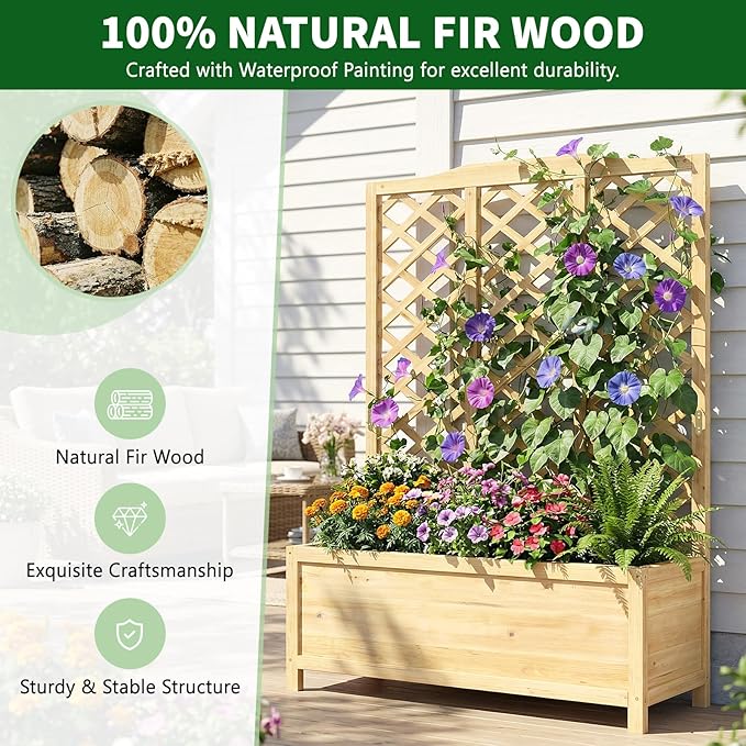 Wooden Raised Garden Bed with Trellis, Freestanding Planter Box with Drainage for Vines Climbing Plants Flowers Herbs, Elevated Gardening Planter for Backyard Balcony Patio