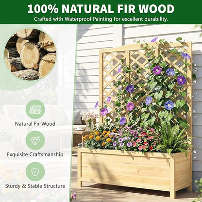 Wooden Raised Garden Bed with Trellis, Freestanding Planter Box with Drainage for Vines Climbing Plants Flowers Herbs, Elevated Gardening Planter for Backyard Balcony Patio