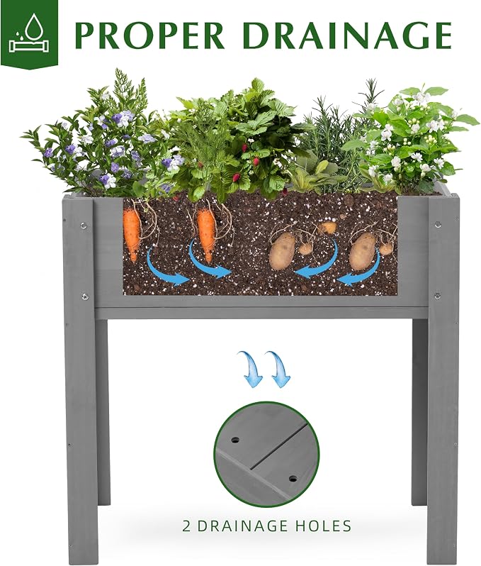 SoliWood Set of 2 Raised Garden Bed with Legs, 31x16x31'', Outdoor Wood Elevated Planter Box, Grey Cedar, Thick Legs, w/Liner