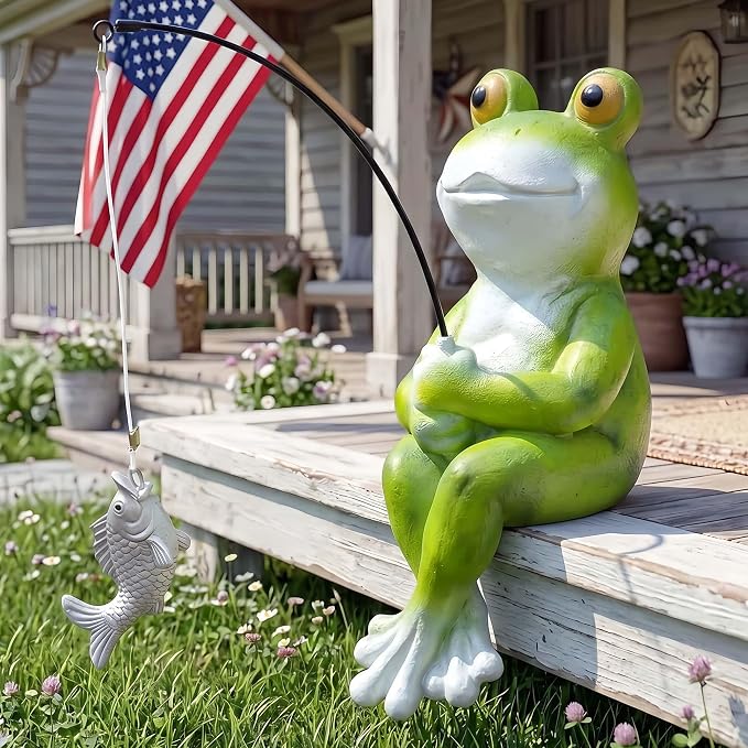 9.5" Frog Fishing Garden Sculptures & Statues, Stone Look Sculpture, Whimsical Lawn Yard Art, Funny Pond Fisherman Statue, Resin Animal Decorative Figurine, for Frog Fishing Lovers