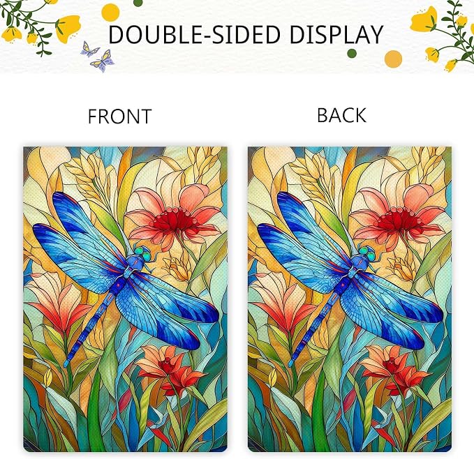 Stained Glass Style Dragonfly Garden Flag Spring Summer Garden Flag Vertical Double Sided Rustic Farmland Burlap Yard Lawn Outdoor Decor 12.5x18"
