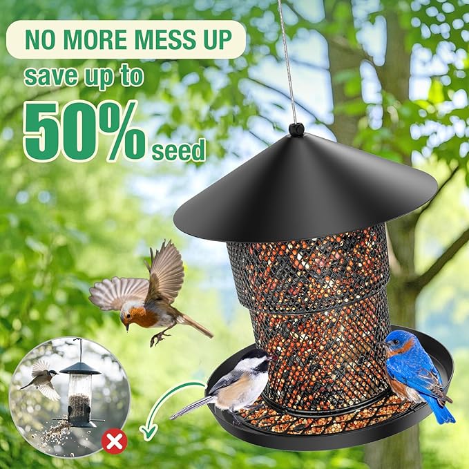 Bird Feeder for Outdoor Hanging, No Mess No Spill and Squirrel Proof Feeder | Squirrel Proof Bird Feeder with Catch Tray - Large Capacity All-Metal for Outside Hanging