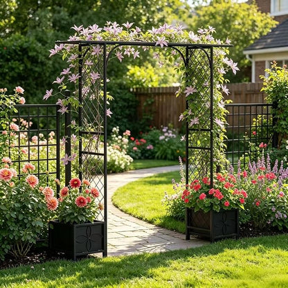 Zhongma Metal Garden Arbor with Planters, 83.5'' High x 90.5'' Wide, Outdoor Arch for Climbing Plant, Decorations Pergola with Plant Baskets …